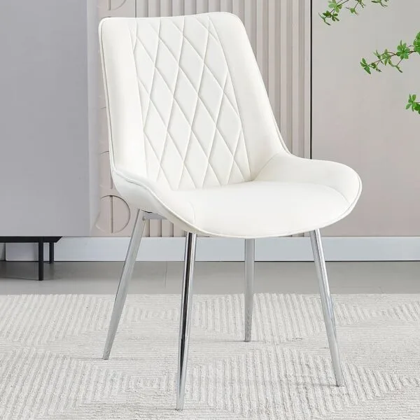 Marbella white pu faux leather dining chair with silver chrome legs