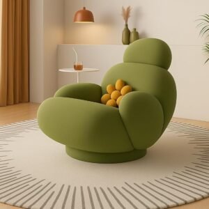 Poppins HOME Modern 360° Rotating Cloud Accent Chair, Comfy Swivel Armchair with Bouclé Fabric, Plush Cushions & Decorative Pillow for Living Room, Bedroom, Lounge (Olive Green)