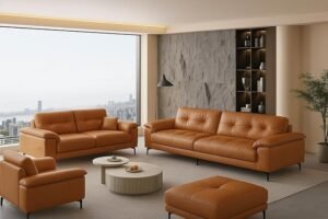 Poppins HOME Luxurious Tan Leather Sofa Set with Chaise Lounge, (3+2+1+Ottoman)