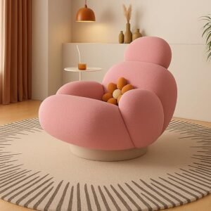 Poppins HOME Modern 360° Rotating Cloud Accent Chair, Comfy Swivel Armchair with Bouclé Fabric, Plush Cushions & Decorative Pillow for Living Room, Bedroom, Lounge (Pink)