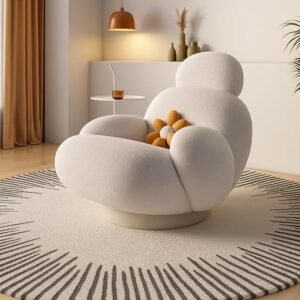 Poppins HOME Modern 360° Rotating Cloud Accent Chair, Comfy Swivel Armchair with Bouclé Fabric, Plush Cushions & Decorative Pillow for Living Room, Bedroom, Lounge (White)